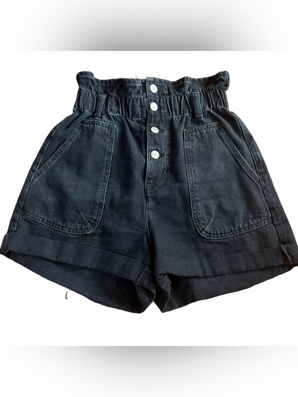 Zara Paperbag Waist Denim Shorts Black Mineral Wash High Rise Button Fly Size 4